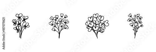 Heart-Shaped Flower Bouquets In Hand Drawn Style Set. Romantic Floral Arrangement, Love And Affection Symbol Doodle Sketch Collection. Botanical Art. Isolated Vector Illustration