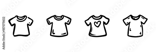T-Shirt Variations In Hand Drawn Style Set. Fashion Apparel, Casual Wear, Clothing Design Doodle Sketch Collection. Heart Motif, Simple Outfits. Isolated Vector Illustration