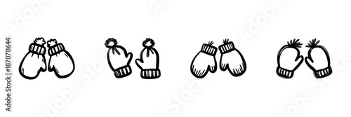 Winter Mittens In Hand Drawn Style Set. Cozy Warmth, Seasonal Fashion, Cold Weather Accessories Doodle Sketch Collection. Knitted Comfort. Isolated Vector Illustration