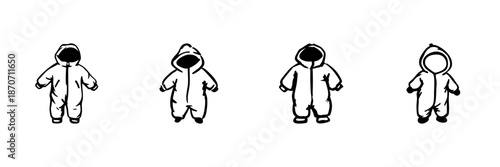 Baby Snowsuit Icons In Hand Drawn Style Set. Winter Clothing, Warmth, And Comfort For Infants Doodle Sketch Collection. Cozy Outerwear For Cold Weather. Isolated Vector Illustration