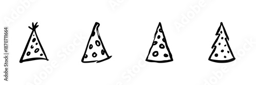 Party Hats In Hand Drawn Style Set. Celebration, Festive Accessories, Birthday Party Doodle Sketch Collection. Fun And Joyful Event Symbols. Isolated Vector Illustration