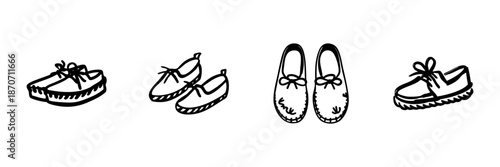 Casual Shoes Collection In Hand Drawn Style Set. Footwear Variety, Comfort, And Fashion Doodle Sketch Collection. Shoe Design Elements. Isolated Vector Illustration