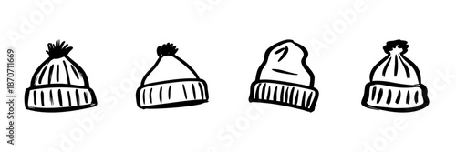 Winter Beanie Hat Collection In Hand Drawn Style Set. Cozy Warmth, Fashionable Winter Accessories Doodle Sketch Collection. Seasonal Headwear Variety. Isolated Vector Illustration