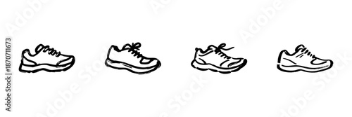 Running Shoes In Hand Drawn Style Set. Athletic Footwear, Fitness, And Sportswear Doodle Sketch Collection. Casual And Sporty Design. Isolated Vector Illustration