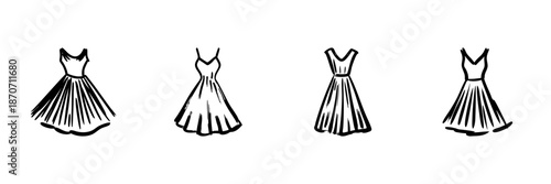 Elegant Dress Collection In Hand Drawn Style Set. Fashion Illustration, Women'S Clothing Design Doodle Sketch Collection. Apparel And Style Concepts. Isolated Vector Illustration