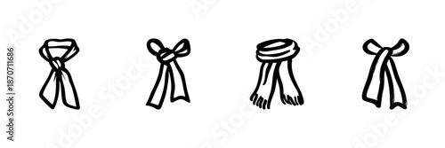 Scarves And Knots In Hand Drawn Style Set. Fashion Accessories, Winter Warmth, And Style Doodle Sketch Collection. Cozy And Trendy Designs. Isolated Vector Illustration