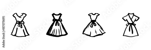 Four Dresses With Bows In Hand Drawn Style Set. Fashionable Women'S Clothing, Vintage Dress Design Doodle Sketch Collection. Apparel And Style Illustration. Isolated Vector Illustration