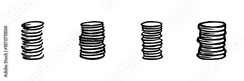 Stacks Of Coins In Hand Drawn Style Set. Financial Growth, Savings, Investment Planning Doodle Sketch Collection. Wealth Accumulation Concept. Isolated Vector Illustration