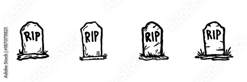 Tombstone Icons With Rip In Hand Drawn Style Set. Memorial, Mourning, Graveyard Symbol Doodle Sketch Collection. Halloween, Funeral Themes. Isolated Vector Illustration
