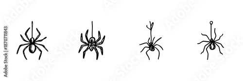 Hanging Spiders In Hand Drawn Style Set. Arachnid Illustration, Web Weaving, Halloween Theme Doodle Sketch Collection. Creepy Crawly Insect Art. Isolated Vector Illustration