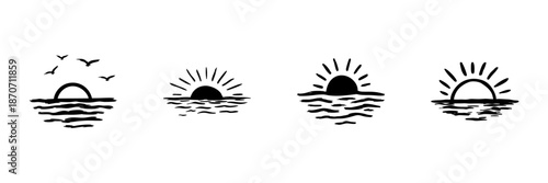 Sunset And Sunrise Over Ocean In Hand Drawn Style Set. Tranquil Coastal Scenery, Nature'S Beauty, Relaxation Doodle Sketch Collection. Serene Horizon Views. Isolated Vector Illustration