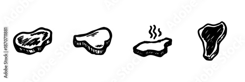 Various Cuts Of Meat In Hand Drawn Style Set. Culinary Ingredients, Cooking, And Food Preparation Doodle Sketch Collection. Isolated Vector Illustration
