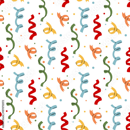 Seamless pattern flat colorful holiday ribbons, confetti, streamers. Bright holiday background wrapping paper for parties, prints on textiles for birthday or graphic design of seasonal celebrations