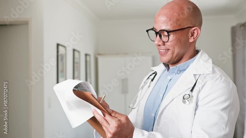 Smiling Male Doctor Reviewing Patient Records on a Clipboard