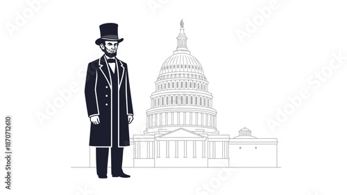 Illustration of Abraham Lincoln standing in front of the United States Capitol building.