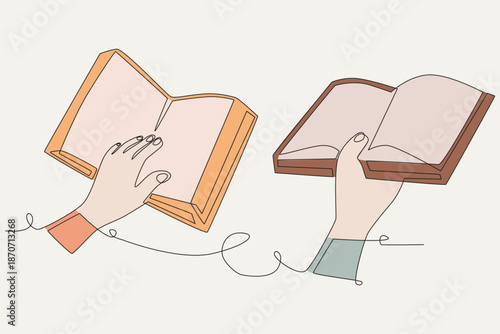 Colored World book day concept one-line drawing