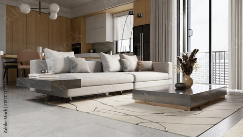 A bright modern living room features a white sofa and rug, open to a kitchen area with large windows, created using Blender software.