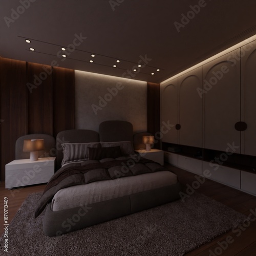 A moody dark bedroom features a large bed with a rug, side lamps, and a wardrobe, illuminated by soft ceiling lights, created using Blender software.