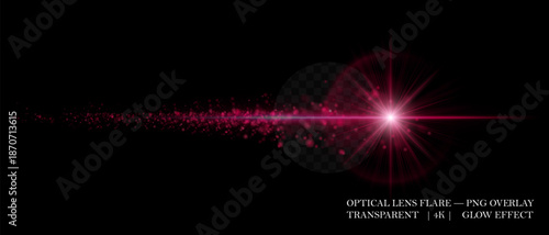 Cosmic ed glowing optical flare with bright core, particle trail, and intense beam. Suitable for overlays, motion design, and modern visual compositions.