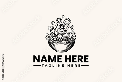 Black and white logo illustration of a bowl overflowing with assorted icons and symbols on a clean background with space for a name and tagline.