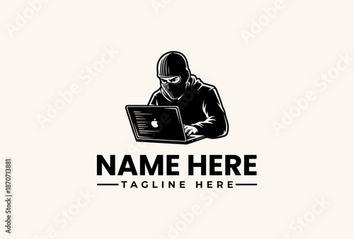 A black and white vector illustration of a hooded person working on a laptop with a placeholder text for 'NAME HERE' and 'TAGLINE HERE' against a clean background.