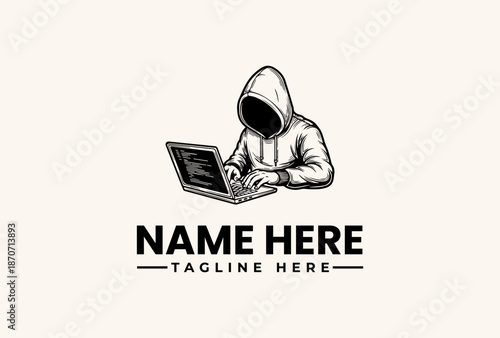 A hooded figure working on a laptop with a logo and text placeholder in a simple design, against a plain background.