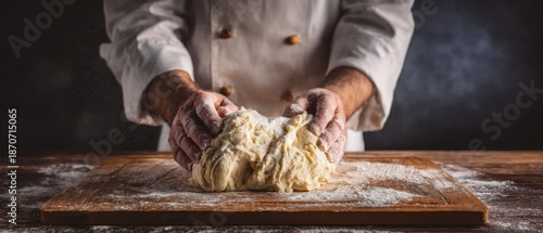 The chef kneading rustic bread dough on a floured wooden board