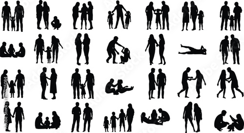 Collection of people and family silhouettes including couples children and parents in various poses for community and social flat vector illustration design