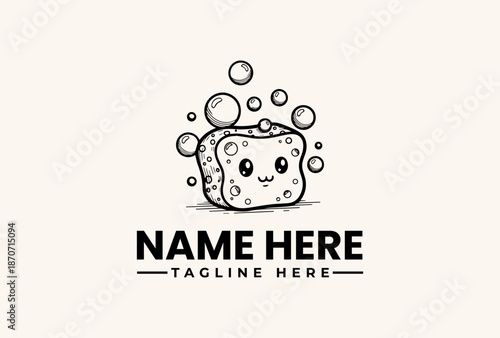 A cartoon slice of bread with a smiling face and bubbles rising from it, accompanied by placeholder text for a logo and tagline on a plain background, in a simple illustration style.