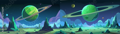Cartoon alien planet. Alien landscape with green ringed planet, rocky terrain, starry night sky and shooting star. Mysterious sci-fi space scene, futuristic cartoon vector illustration