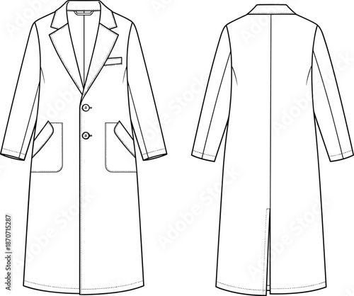 Long overcoat technical sketch, fashion flat vector illustration, mens formal outerwear jacket, front and back views, apparel cad drawing template.
