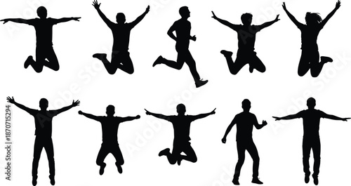 Happy people jumping silhouette set, young men and women celebrating success vector illustration, jumping man icon collection, active person running and flying silhouettes