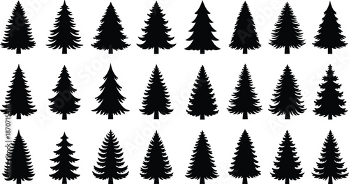 Pine tree silhouette set, evergreen coniferous forest vector illustration, fir and spruce timber icons, nature wood landscape design elements, Christmas tree collection pack