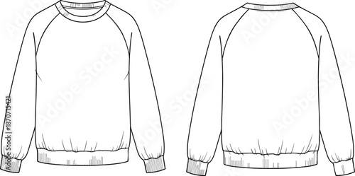 Raglan sleeve sweatshirt technical flat sketch, front and back view vector illustration, crew neck long sleeve sweatshirt cad fashion template