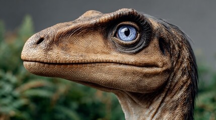 Velociraptor portrait captured in ultra-photorealistic detail, showcasing vibrant blue eyes and intricate textures, set against a clean minimal background with softbox studio lighting and copy space
