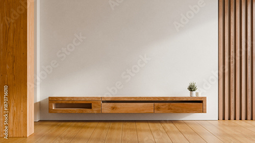 Cuadro en lienzo Modern floating wooden TV console on white wall with decorative wood slats in Ja