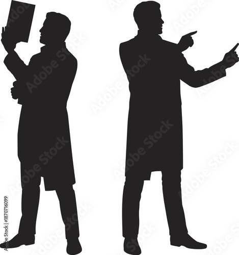 Black silhouette of professional doctor holding x-ray and pointing, medical scientist in lab coat standing isolated on white background, healthcare