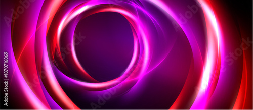 Abstract design features vibrant concentric circles. Pink, purple, red hues create dynamic energy, dark background enhances luminosity.