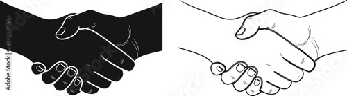 Handshake icons in solid black silhouette and line art styles representing business agreement, partnership, cooperation, successful deal, teamwork and corporate collaboration.