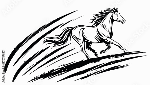 Dynamic Black and White Illustration of a Galloping Stallion