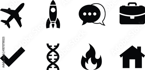 Set of black minimalist icons featuring airplane rocket ship speech bubbles briefcase check mark DNA strand fire and house symbols