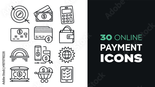 Set of 30 Professional Online Payment and Financial Line Icons