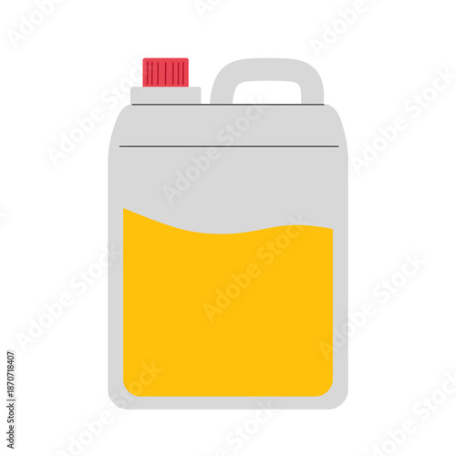 Large canister of yellow liquid. Container for liquid soap or disinfectant. Dangerous, poisonous liquid with red cap on bottle.