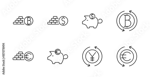 Currency and crypto set icon. Bitcoin, dollar, euro, yen, piggy bank, gold, exchange arrows, digital money, savings, international finance.