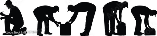 Set of construction worker silhouettes in various poses, handyman fixing equipment, repairman working with tools, black vector illustration isolated on white background.