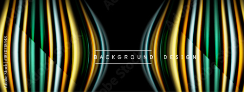 Abstract lines create dynamic composition. Vibrant colors blend, forming flowing shapes against dark backdrop. Modern design element.