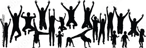 Silhouette of happy jumping people group cheering and celebrating success together, active community jumping in the air, isolated flat vector illustration