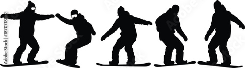 Snowboarding silhouette vector illustration set featuring snowboarders in active poses, winter sports icons, outdoor recreation graphics, mountain activity silhouettes isolated on white background.