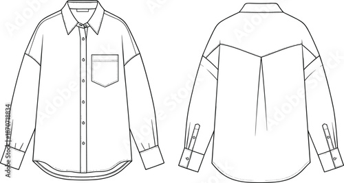 Technical fashion flat sketch of a women's oversized button down long sleeve shirt with pocket cad drawing flat vector illustration