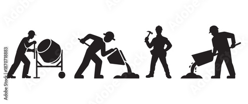 Set of Construction Worker Silhouettes Operating Concrete Mixers, Shoveling, and Using Hand Tools for Building Projects